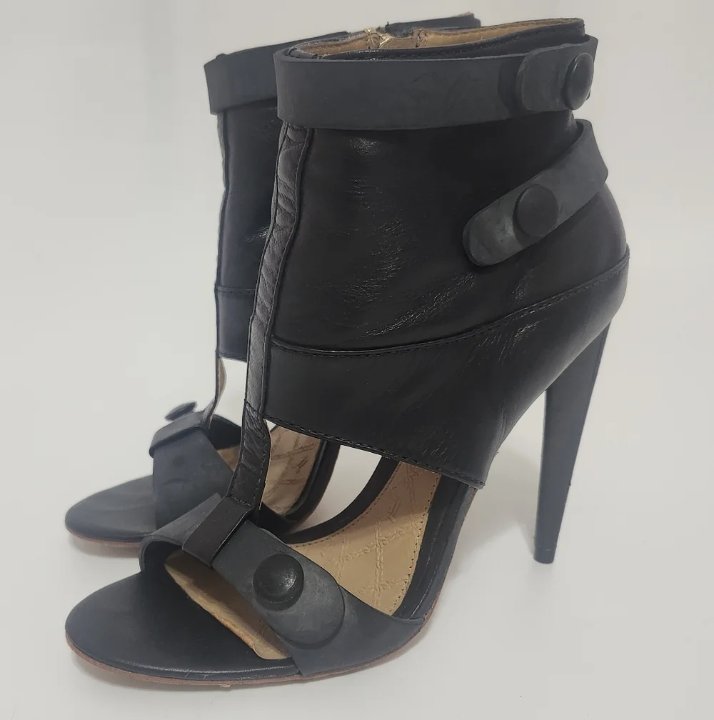L.A.M.B. Rasta Black Leather Open-Toe Ankle Cuff Stiletto Heels
